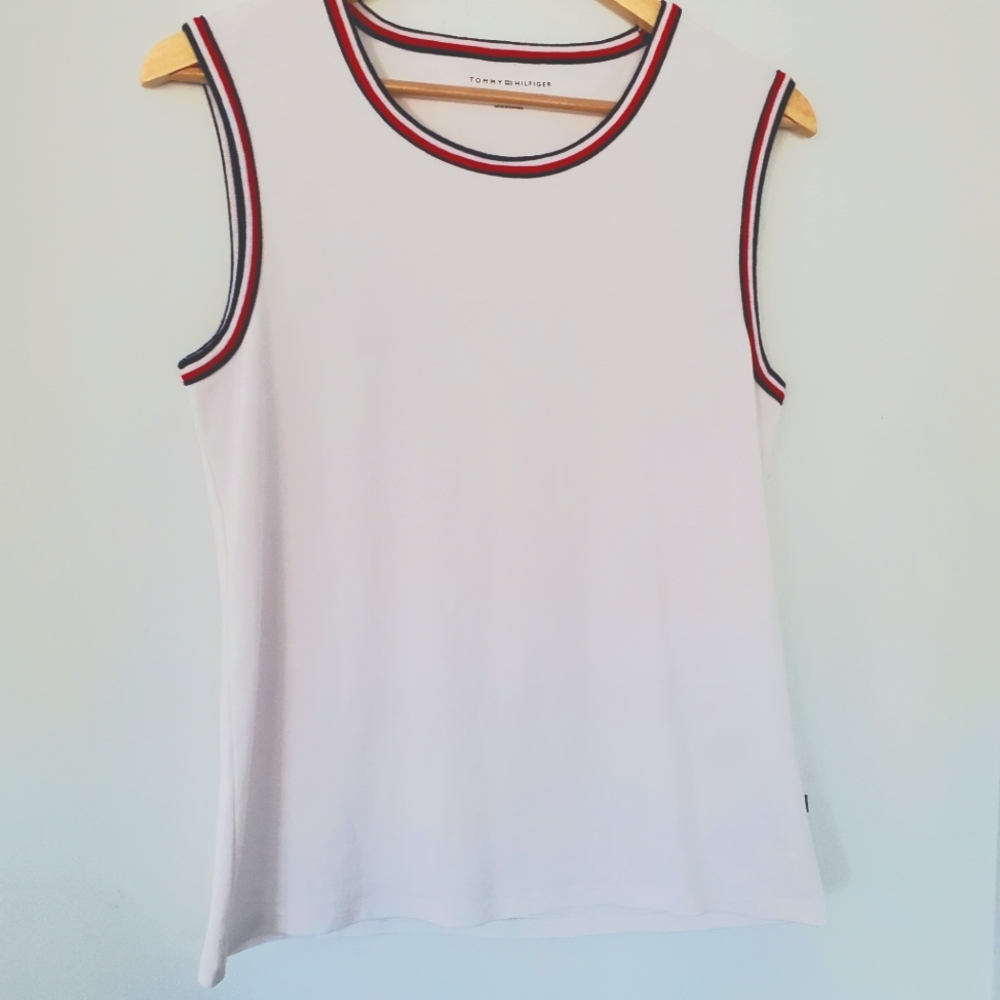 TOMMY HILFIGER Women L White Sleeveless Top Red White Blue Stripe Accent Preppy - Picture 11 of 12